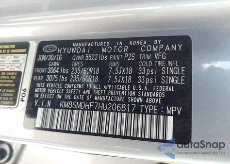 2017 Hyundai Santa Fe Se из США, поврежденный, VIN KM8SMDHF7HU206817